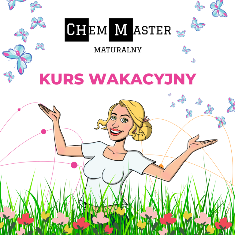 Grafika promująca wakacyjny kurs chemiczny Chemmaster – praktyczne szkolenie z chemii na maturę, lato 2025